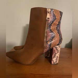 NEVER WORN.  Faux snake skin booties.  Too small for me unfortunately.